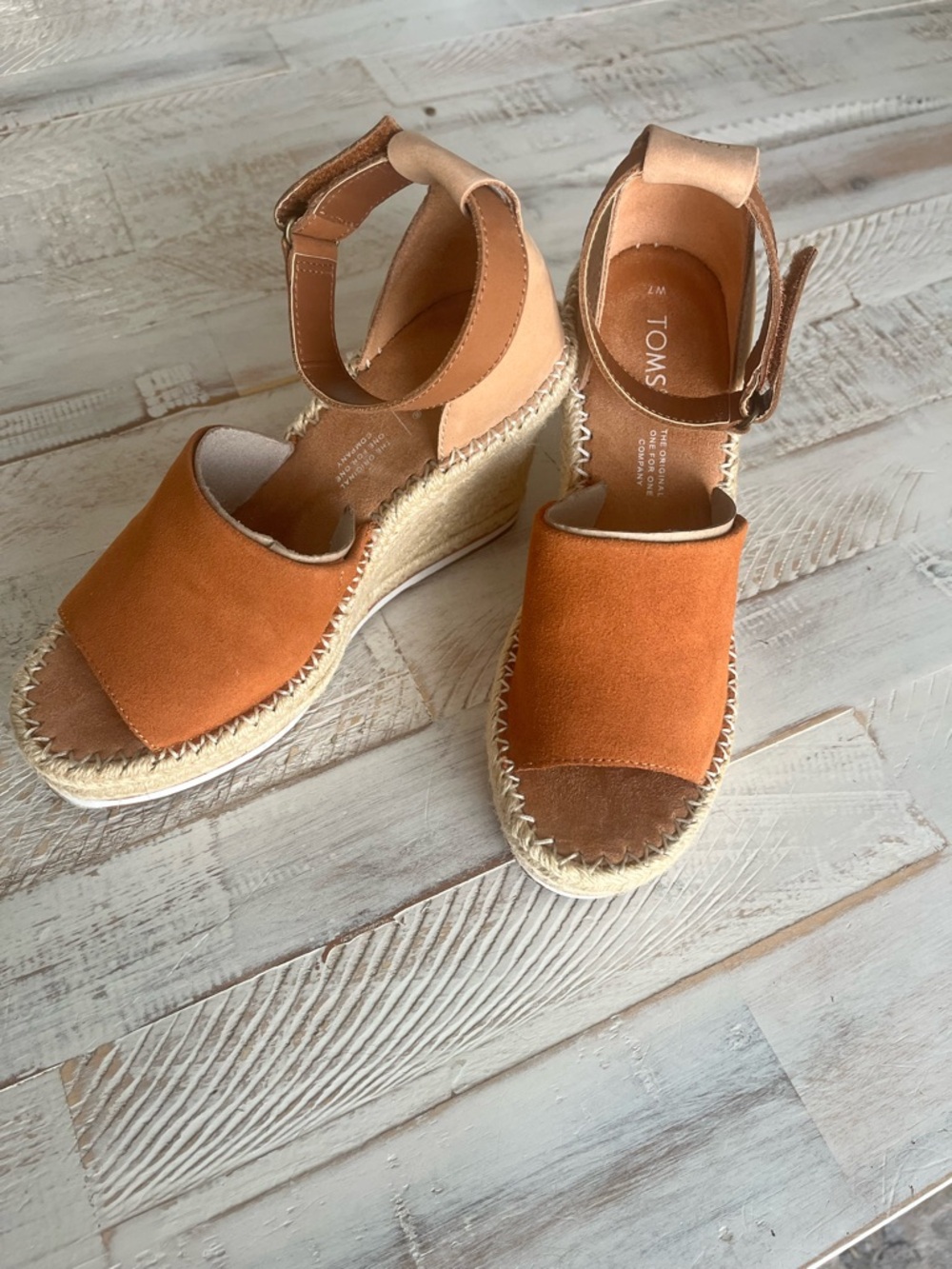 TOMS Orange Suede Espadrille Wedge Sandals with Ankle Strap
